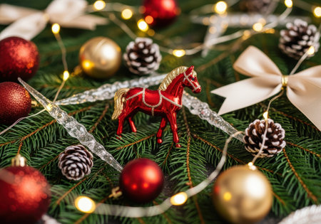 Red horse ornament among festive pine branches, baubles, pinecones, bows, and twinkling lights for a cheerful holiday decor.の素材