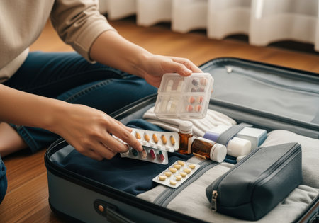 Packing essential medications and supplements for safe travel, organized in a suitcase with bottles, blister packs, and daily pill boxes.の素材
