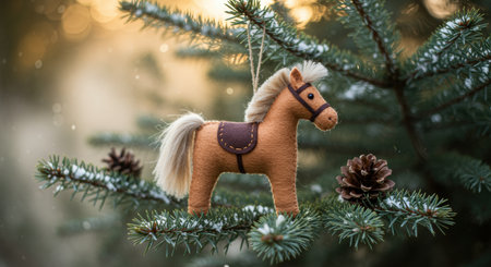 Handmade felt horse ornament hanging on evergreen pine tree branch with pinecones and winter snow at sunrise in festive outdoor setting.の素材