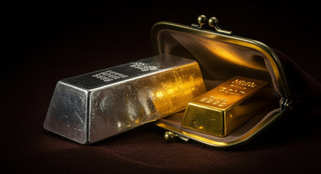 Shiny gold and silver bullion bars displayed with an open vintage coin purse under dramatic lighting against a dark luxurious background.の素材