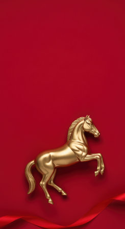 Golden horse figurine on vibrant red background with elegant satin ribbon, symbolizing celebration, energy, and prosperity.の素材
