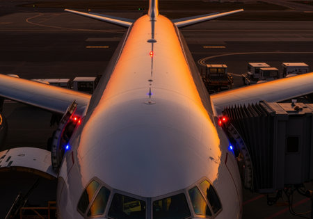 Passenger airplane parked at gate during sunrise, reflecting golden light on fuselage with boarding bridge attachment.の素材