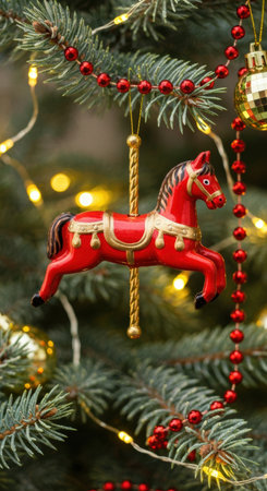 Red carousel horse ornament hanging on a Christmas tree branch with festive lights, baubles, and decorative beads.の素材