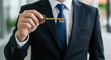 Businessman in formal suit holding golden key symbolizing opportunity, success, leadership, achievement, and corporate growth.の素材