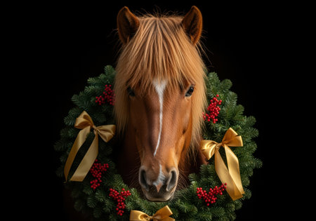 Chestnut horse with festive wreath of evergreen branches, golden bows, and red berries against a black background.の素材