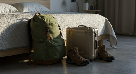 Travel essentials arranged in a modern bedroom featuring a green backpack, brown hiking boots, and a sturdy suitcase.の素材