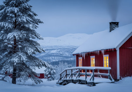 Cozy red wooden cabin surrounded by deep snow under a twilight sky, warm lights glowing and smoke rising from chimney.の素材