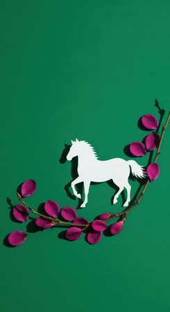 White horse silhouette placed on a green background with purple leaves creating a minimalistic and artistic natural composition.の素材