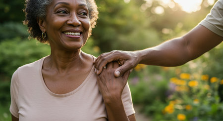Elderly woman smiling outdoors enjoying nature and companionship while receiving a supportive touch in a vibrant summer garden.の素材
