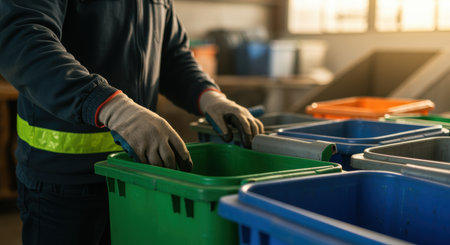 Worker sorting recyclable waste into separate containers while wearing gloves and uniform in an indoor waste management facility.の素材