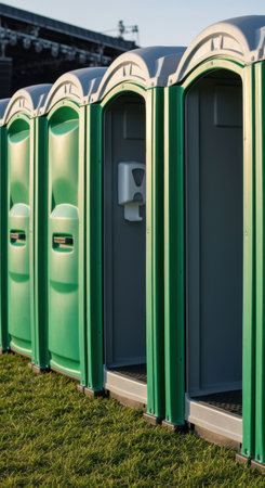 Row of green portable toilets lined up outdoors on grass, ready for use at a large public event during daylight hours.の素材