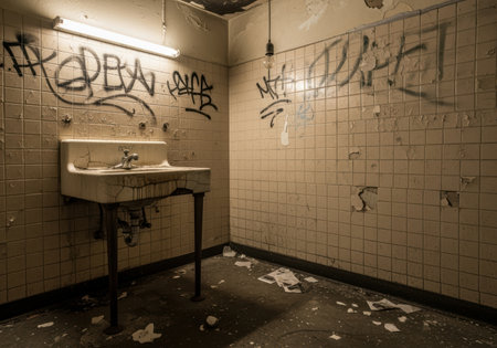 Abandoned restroom with broken tiles, graffiti covered walls, damaged sink, and scattered debris under fluorescent light.の素材
