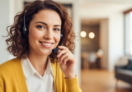 Cheerful young woman working in customer service, wearing headset and yellow sweater, communicating from modern office.の素材