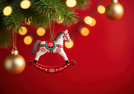 Decorative wooden rocking horse ornament hanging on christmas tree branch with festive golden baubles and glowing lights.の素材
