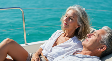 Senior couple enjoying relaxation on a luxury boat under bright sunlight, cruising on calm turquoise sea during summer vacation.の素材