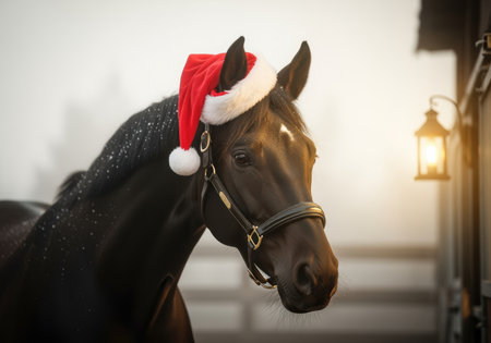 Black horse wearing a santa hat stands by a fence in a misty winter stable at sunrise with warm lantern light.の素材