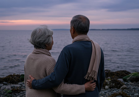 Senior couple embracing by the calm seaside at dusk, enjoying tranquil companionship and peaceful evening togetherness outdoors.の素材
