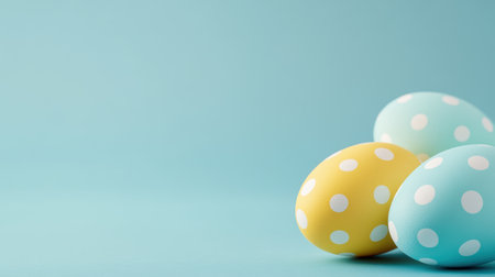 Pastel polka dot Easter eggs on a solid blue background.の素材