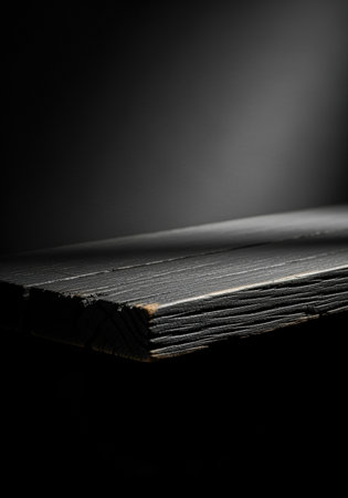 Close up of aged wooden plank in dramatic lighting highlighting textured surface with dark minimalist background.の素材