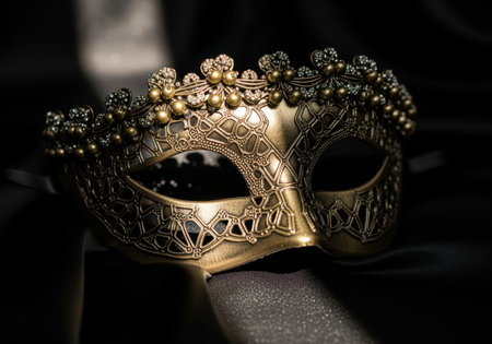 elegant ornate gold masquerade mask adorned with decorative pearls and floral details resting on luxurious black satin fabric.の素材