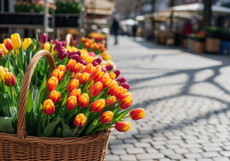 Vibrant orange and yellow tulips arranged in a wicker basket on a sunny market street during spring with blurred stalls in background.の素材