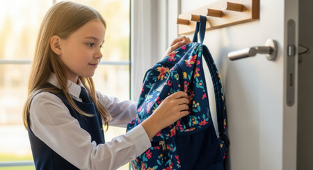 Young girl in school uniform hanging colorful backpack on wall hook in bright classroom interior with morning sunlight.の素材