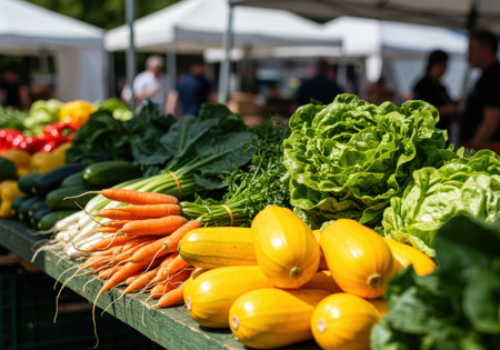 Fresh organic vegetables displayed on market stall outdoors with vibrant carrots, lettuce, squash, and leafy greens in natural light.の素材