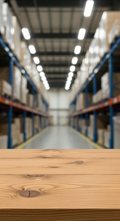 Empty wooden tabletop in focus with blurred industrial warehouse shelves and bright lighting in a spacious storage facility.の素材
