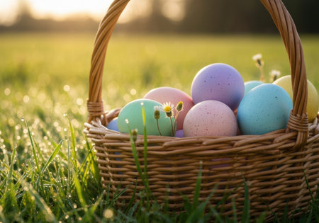 Colorful pastel easter eggs in a wicker basket on green grass with morning sunlight and blooming spring wildflowers.の素材