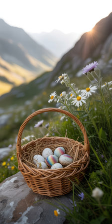 Wicker basket of pastel speckled eggs resting among wildflowers in a sunlit mountain meadow at sunrise.の素材