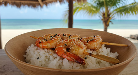 Grilled shrimp skewers topped with sesame seeds served on steamed rice in a wooden bowl overlooking a tropical beach background.の素材