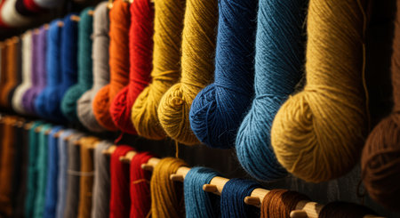 Colorful skeins of yarn arranged vertically on wooden racks in a cozy craft shop, displaying a vibrant variety of knitting materials.の素材