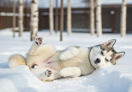 Playful siberian husky lying on its back in fresh white snow near birch trees in a winter landscape.の素材