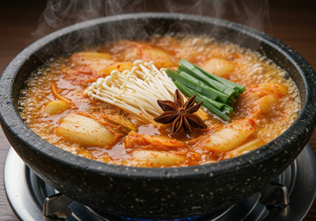 Spicy korean kimchi stew simmering in stone pot with fresh vegetables, enoki mushrooms, and aromatic star anise garnish.の素材