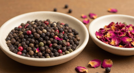 Assorted black peppercorns and dried rose petals in ceramic bowls on brown background for culinary spices and natural seasoning concepts.の素材
