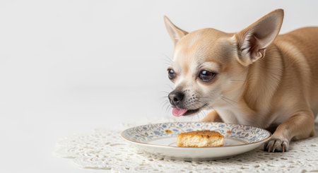 Small tan chihuahua lying on white tablecloth with tongue out near decorated plate containing a single piece of baked bread.の素材