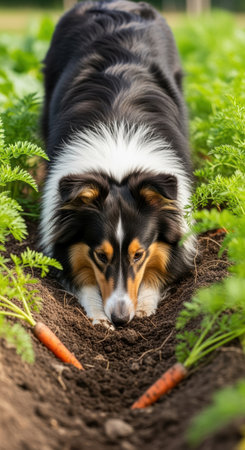 Alert collie dog investigating freshly grown carrots in vibrant green vegetable garden during sunny day.の素材