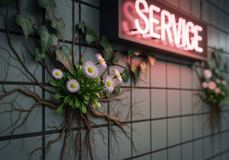 Neon service sign glowing above blooming daisies and ivy vines with roots spreading across a modern tiled wall indoors.の素材