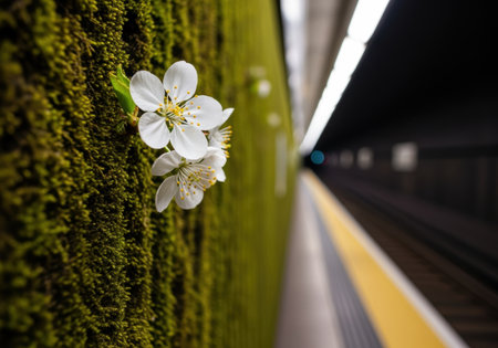 Delicate white blossoms emerging from lush green moss on a subway platform wall, symbolizing nature thriving in urban spaces.の素材