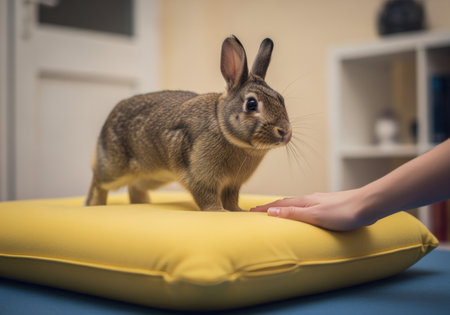 Curious brown rabbit standing on a bright yellow cushion indoors near a gentle human hand in a cozy living room setting.の素材