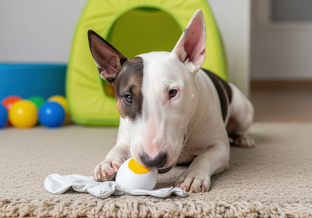 Playful bull terrier puppy chewing rubber toy on soft carpet indoors with colorful activity balls and pet tent in background.の素材