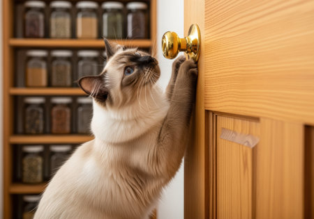 Curious siamese cat reaching for a door handle in a kitchen pantry filled with neatly arranged transparent spice jars on wooden shelves.の素材