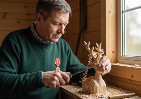 Skilled elderly man carving intricate wooden deer sculpture by window in cozy wood workshop with natural sunlight.の素材