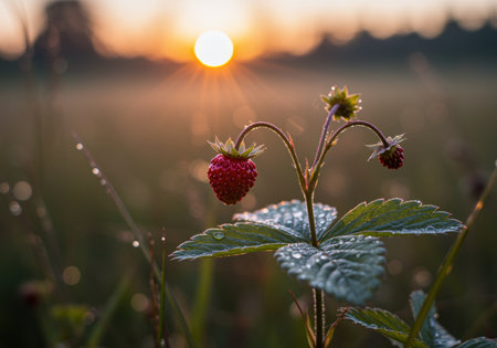 Ripe wild strawberry glistening with morning dew at sunrise in a lush green meadow with soft natural sunlight and blurred background.の素材