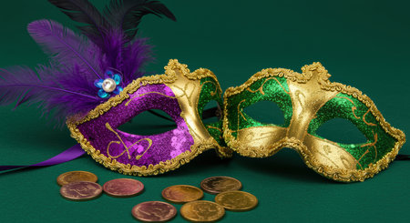 traditional purple and green masquerade masks with gold trim and feathers paired with assorted coins on a dark green background.の素材