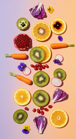 Assorted fresh fruits, vegetables, and edible flowers arranged on a pastel gradient background for vibrant healthy eating themes.の素材