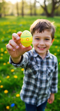 Smiling young boy holding decorated easter egg in blooming spring meadow with sunlight and vibrant green grass.の素材