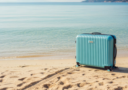 Blue hard shell suitcase standing on the sandy beach near calm sea water under a clear sky during summer vacation travel.の素材