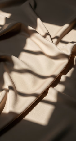Soft beige fabric with smooth folds bathed in natural sunlight, creating gentle shadows and elegant texture on the surface.の素材
