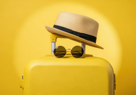 Yellow suitcase with straw hat and sunglasses against bright yellow background representing summer travel and vacation vibes.の素材